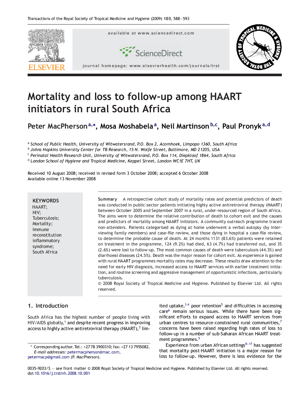 Mortality and loss to follow-up among HAART initiators in rural South Africa