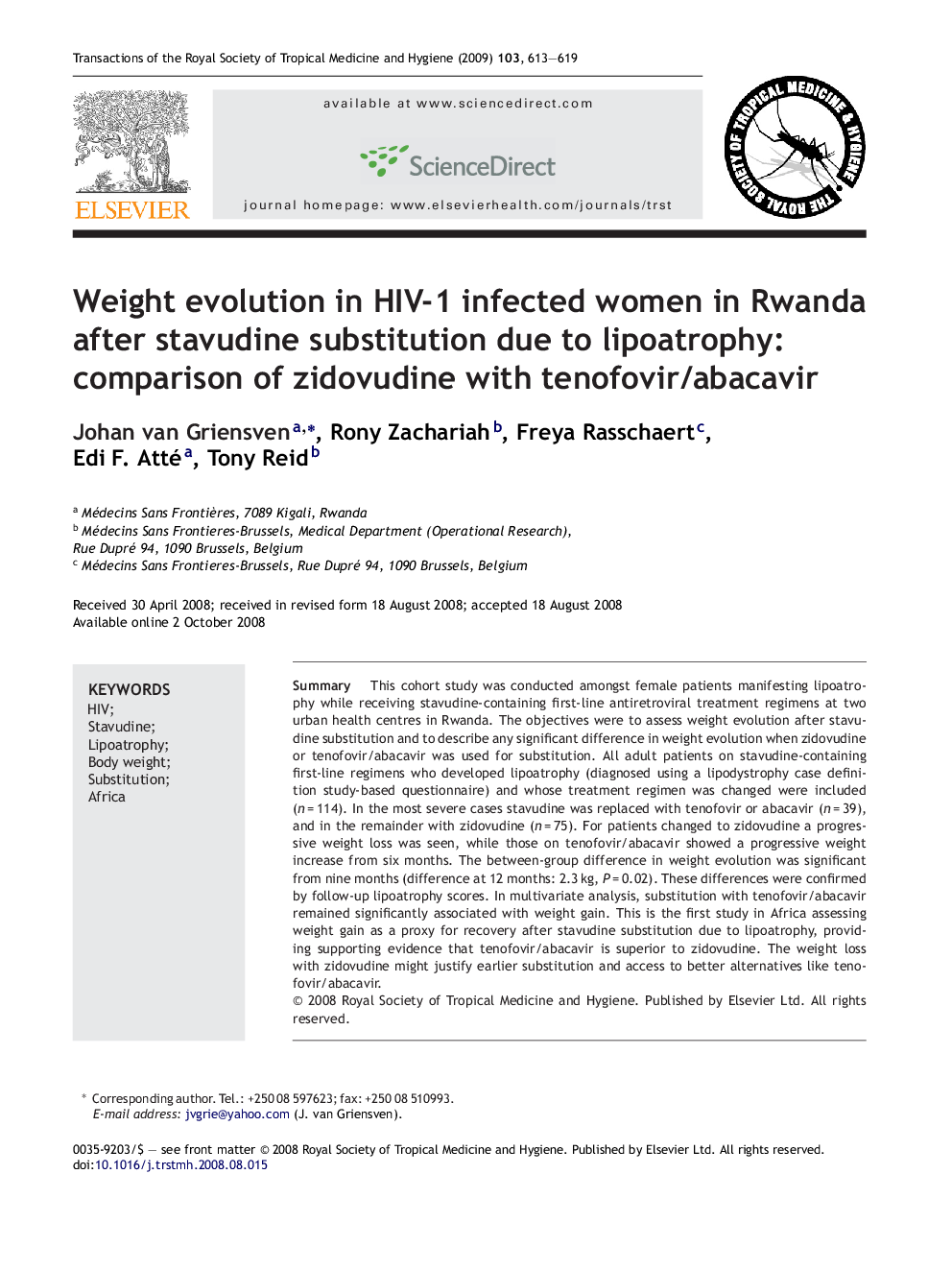 Weight evolution in HIV-1 infected women in Rwanda after stavudine substitution due to lipoatrophy: comparison of zidovudine with tenofovir/abacavir