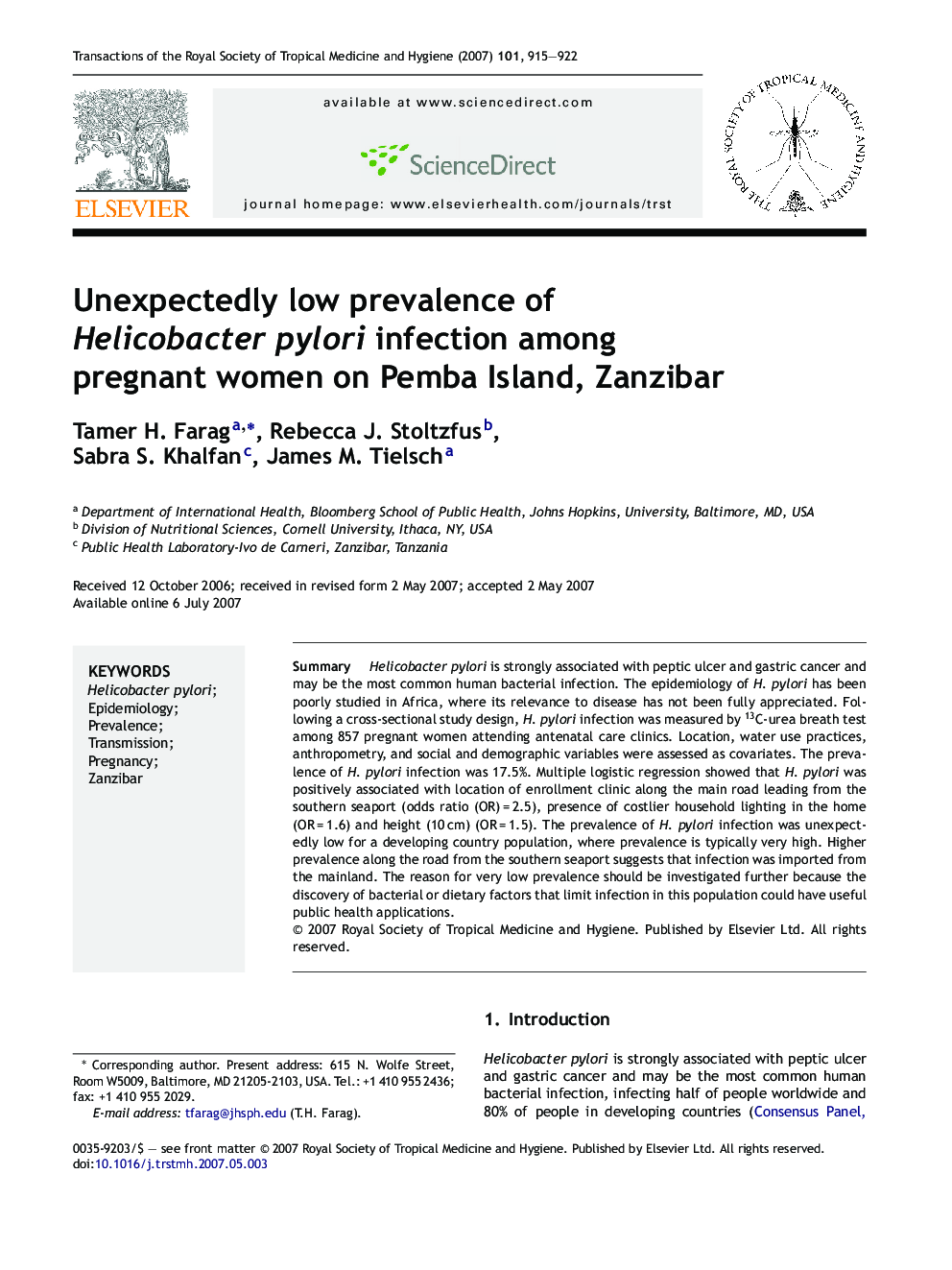 Unexpectedly low prevalence of Helicobacter pylori infection among pregnant women on Pemba Island, Zanzibar