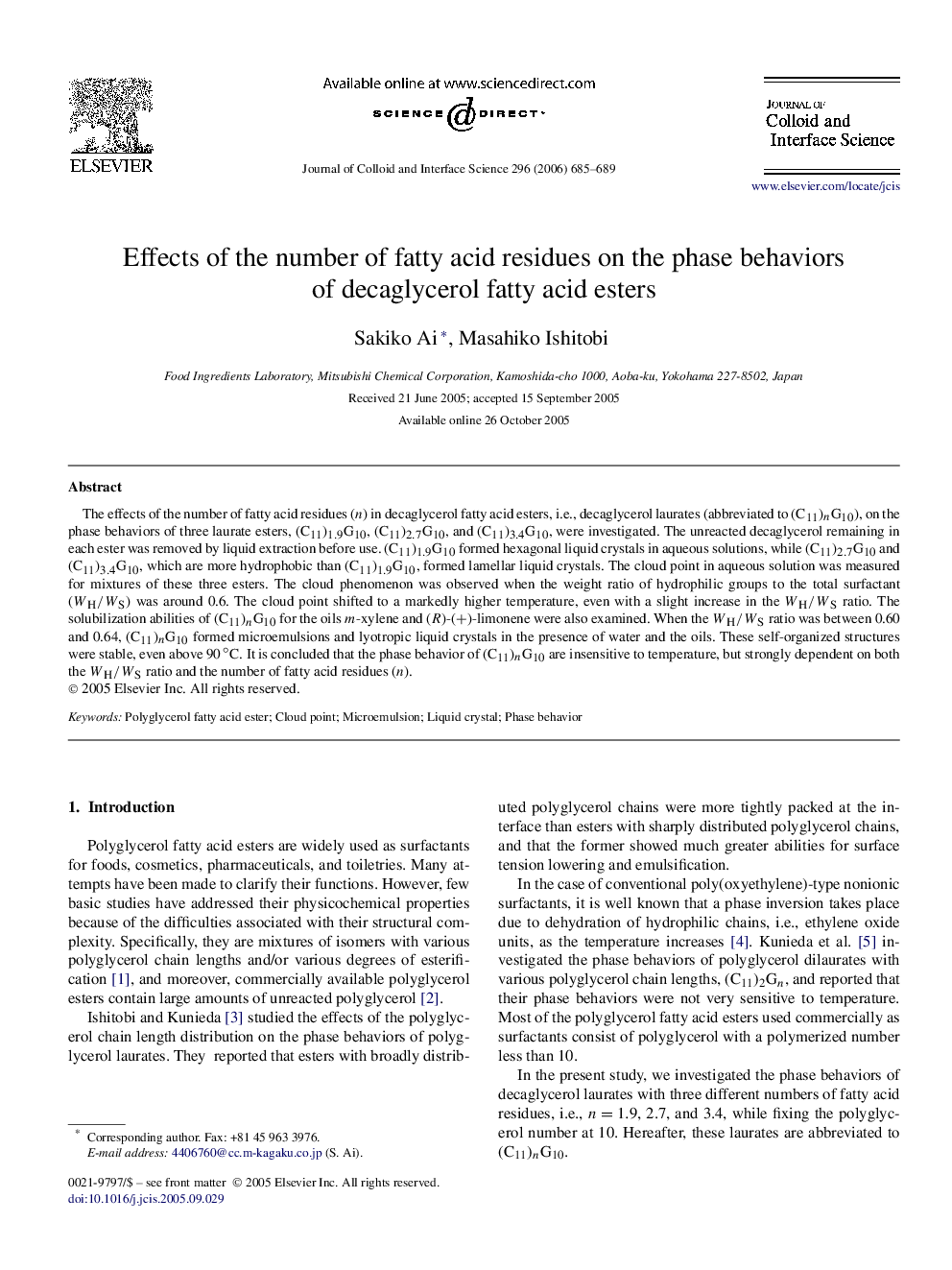 Effects of the number of fatty acid residues on the phase behaviors of decaglycerol fatty acid esters