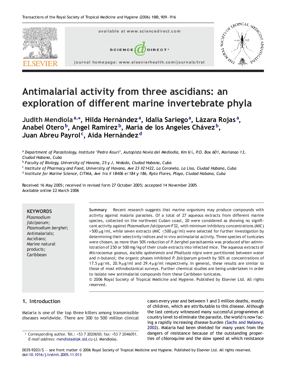 Antimalarial activity from three ascidians: an exploration of different marine invertebrate phyla