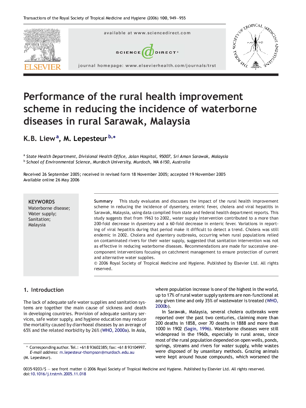 Performance of the rural health improvement scheme in reducing the incidence of waterborne diseases in rural Sarawak, Malaysia