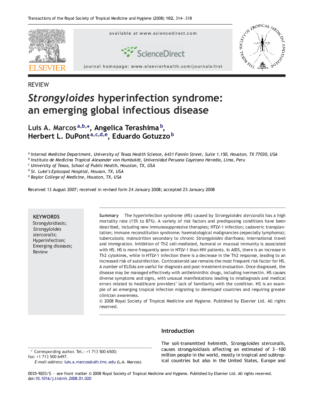 Strongyloides hyperinfection syndrome: an emerging global infectious disease