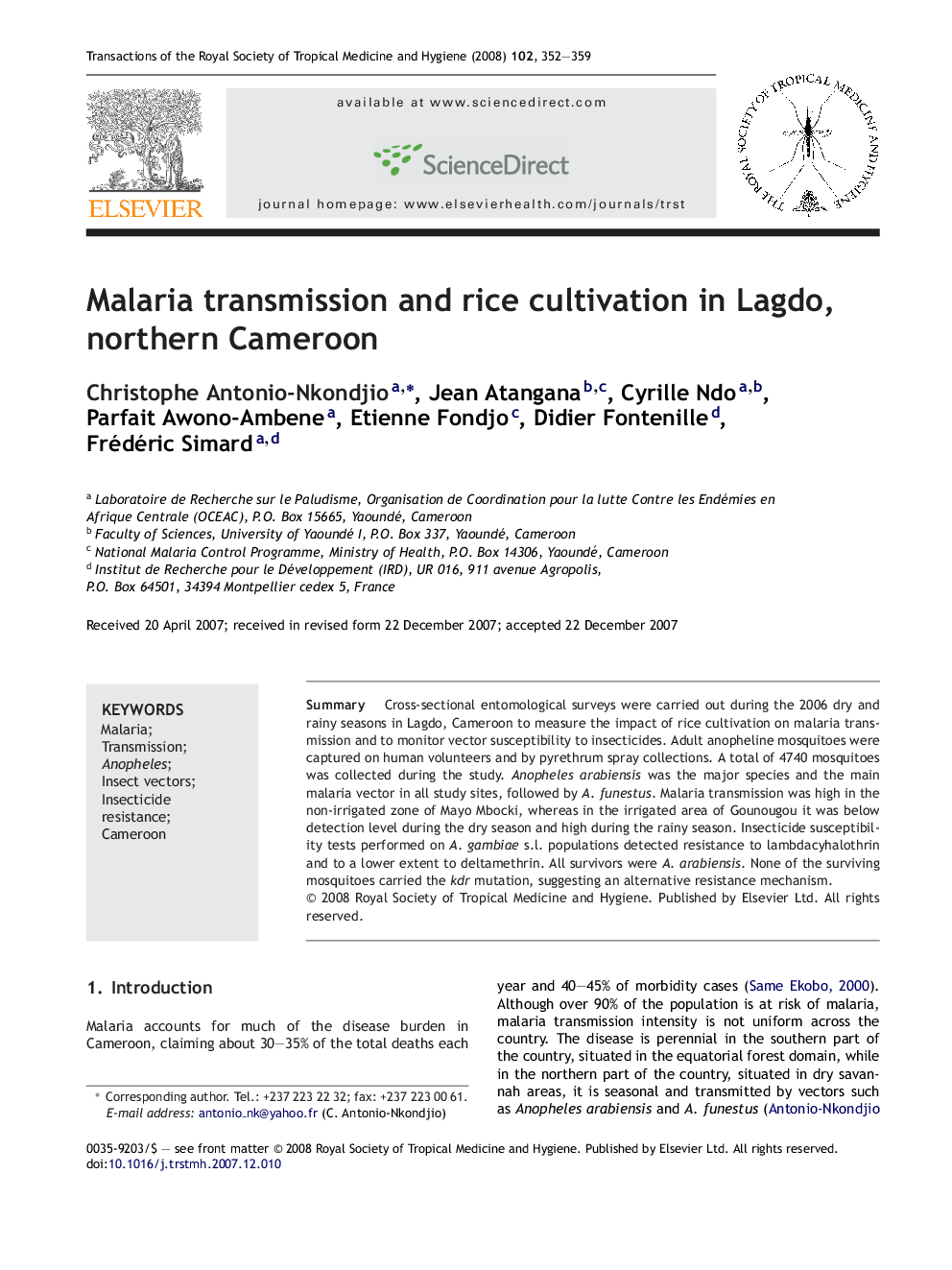 عکس صفحه اول مقاله: Malaria transmission and rice cultivation in Lagdo, northern Cameroon Malaria transmission and rice cultivation in Lagdo, northern Cameroon