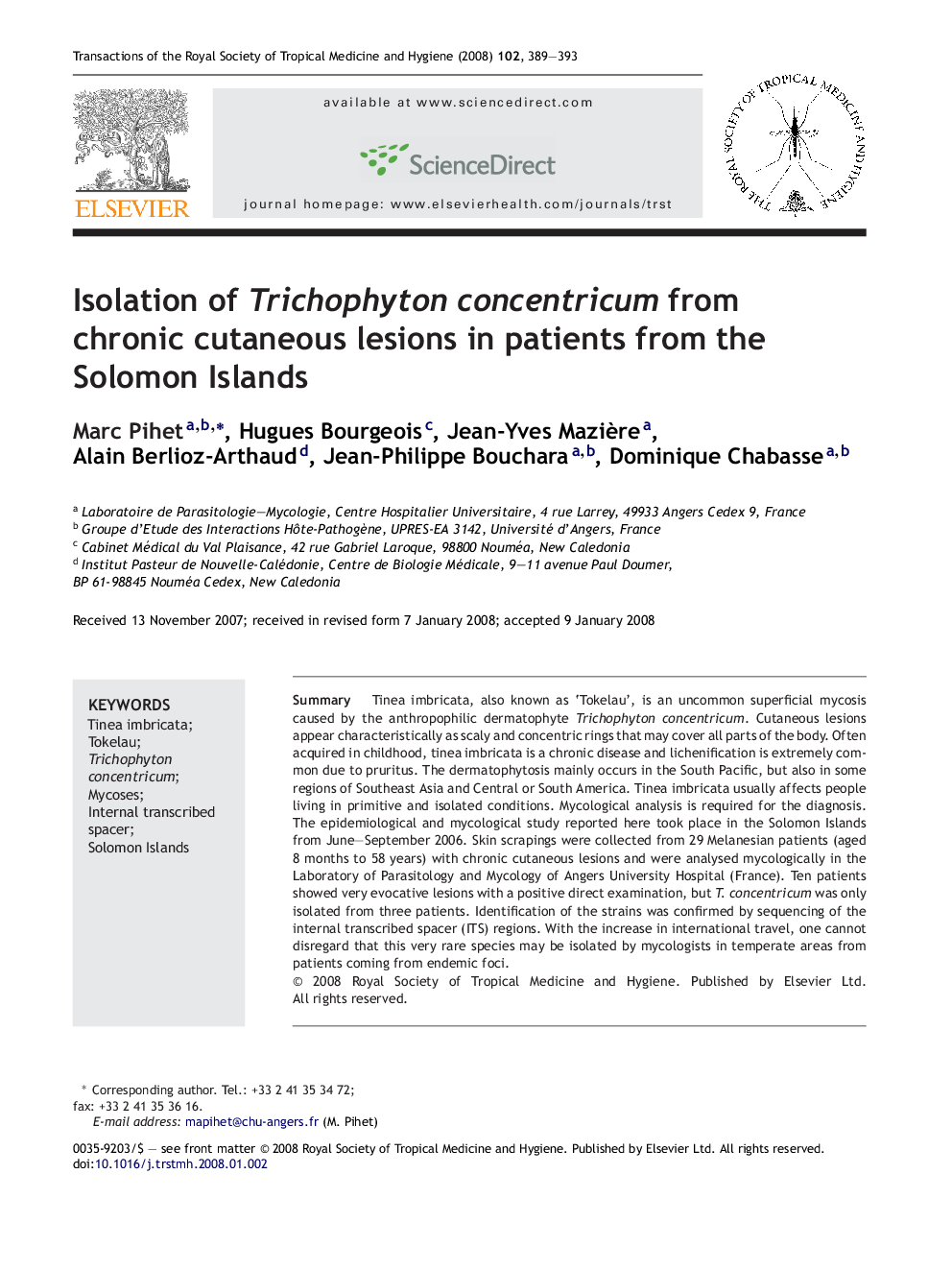 Isolation of Trichophyton concentricum from chronic cutaneous lesions in patients from the Solomon Islands