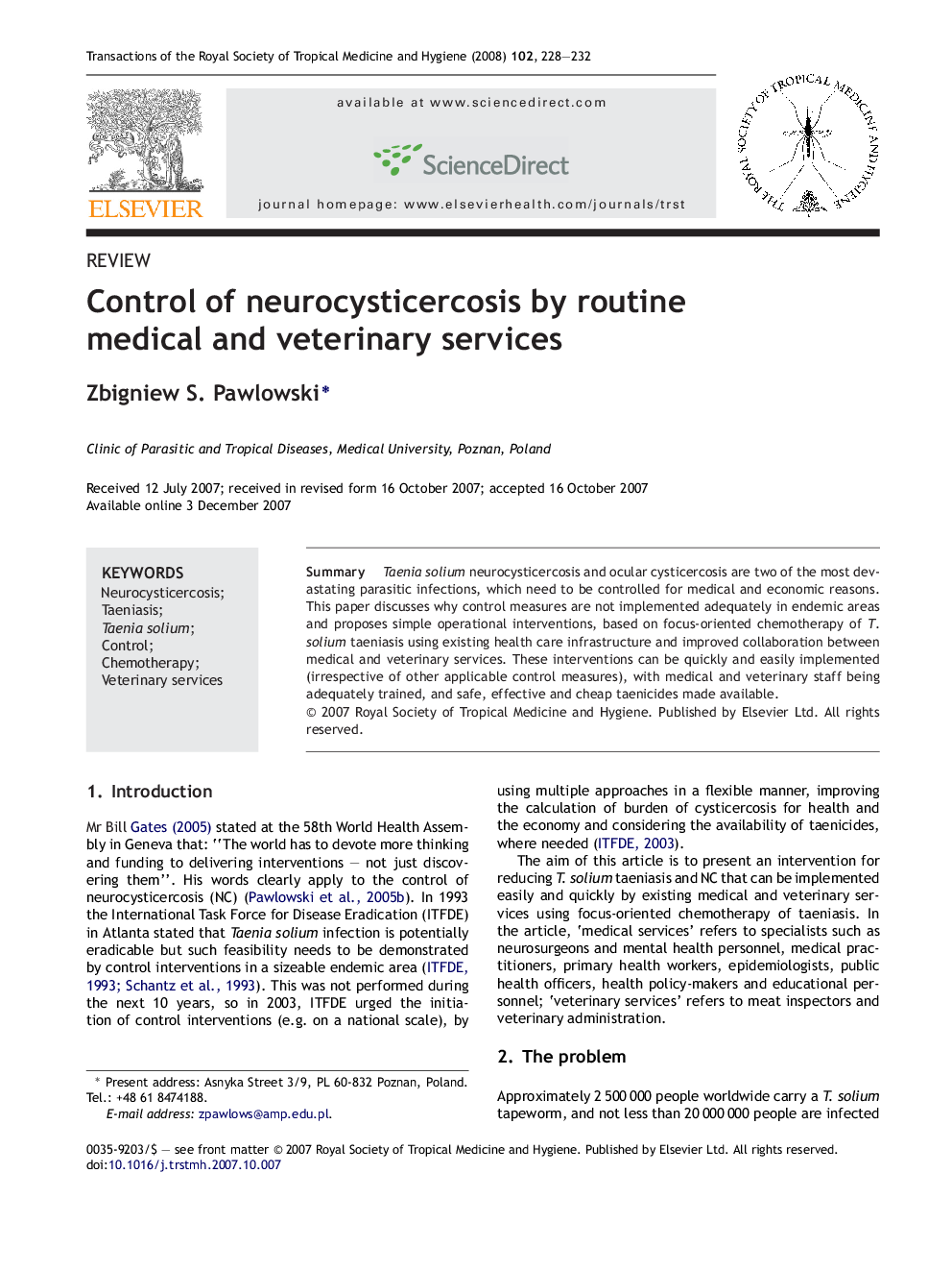 Control of neurocysticercosis by routine medical and veterinary services