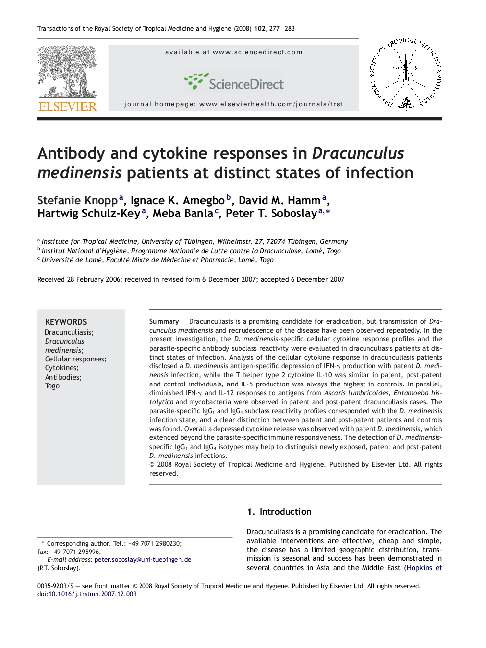 Antibody and cytokine responses in Dracunculus medinensis patients at distinct states of infection