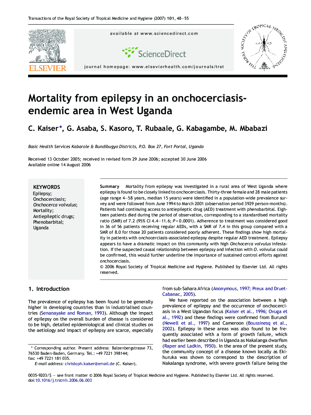 Mortality from epilepsy in an onchocerciasis-endemic area in West Uganda