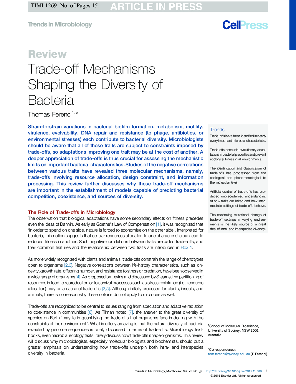 Trade-off Mechanisms Shaping the Diversity of Bacteria