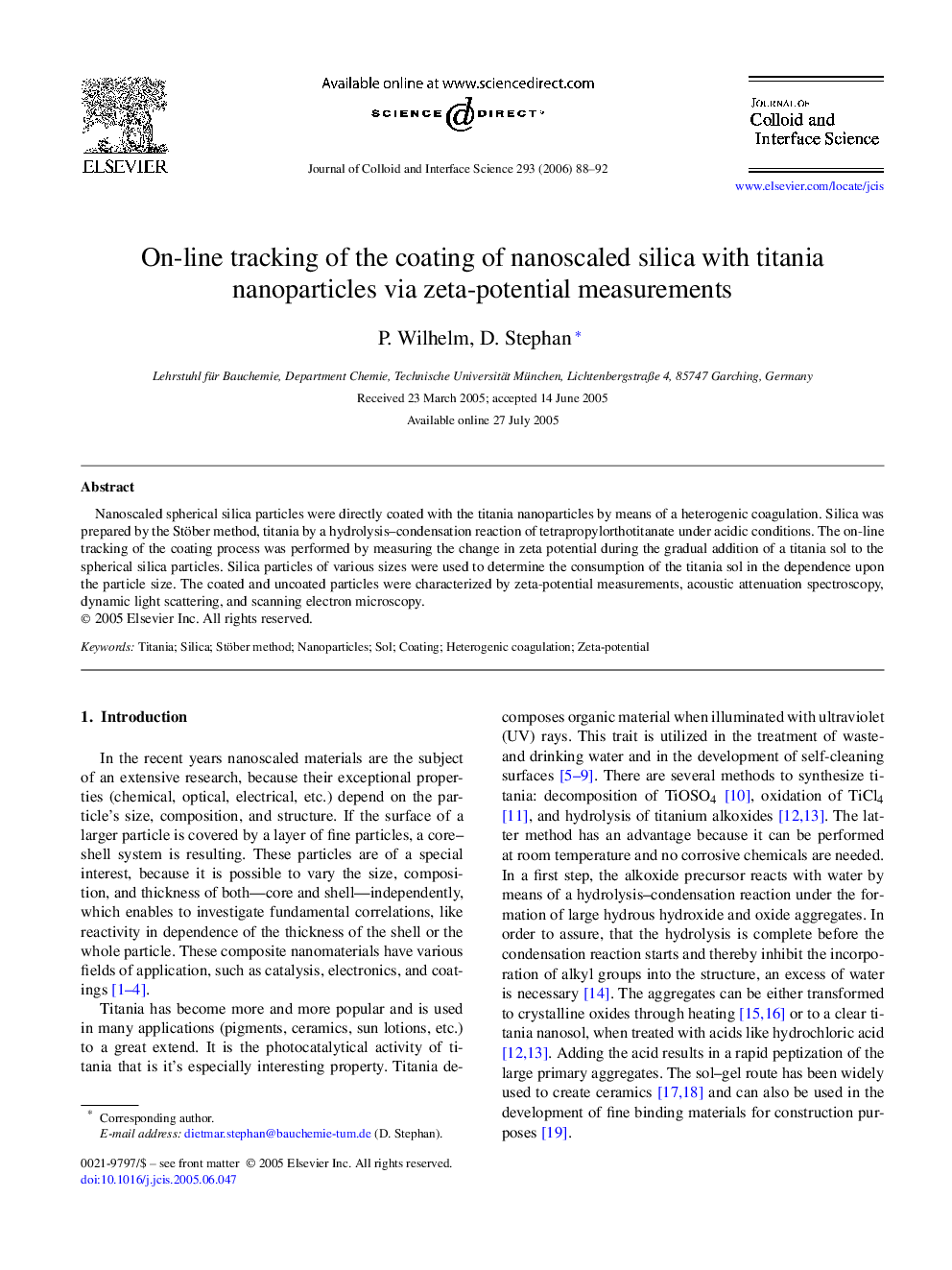 On-line tracking of the coating of nanoscaled silica with titania nanoparticles via zeta-potential measurements