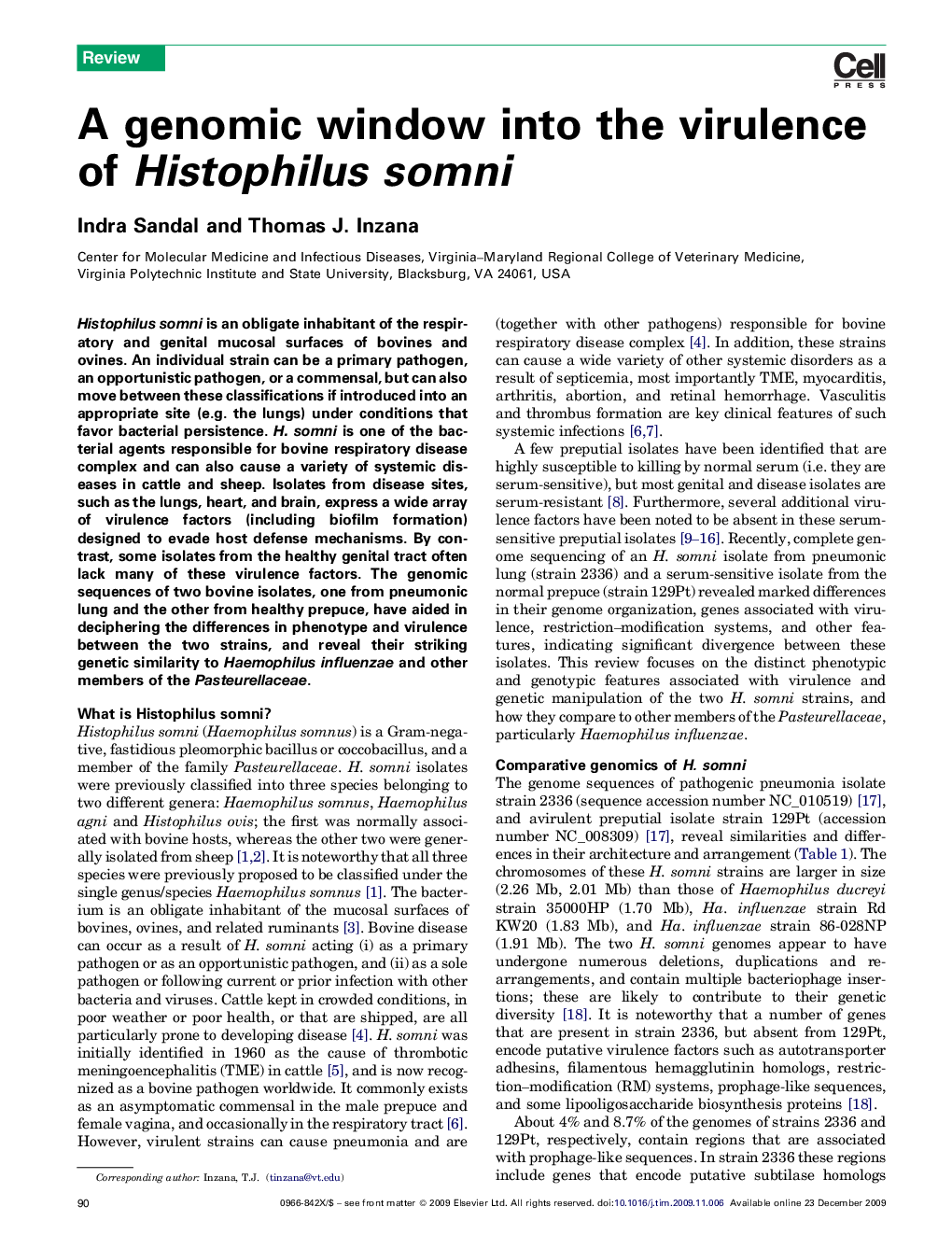 A genomic window into the virulence of Histophilus somni