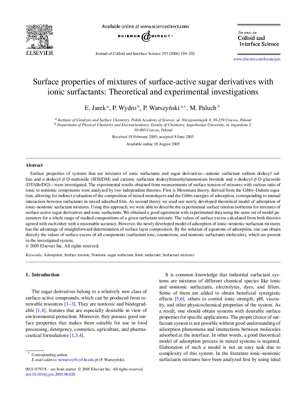 Surface properties of mixtures of surface-active sugar derivatives with ionic surfactants: Theoretical and experimental investigations