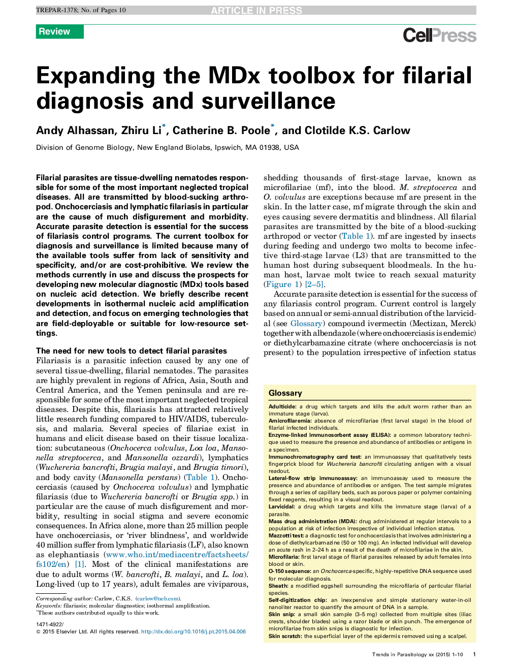 Expanding the MDx toolbox for filarial diagnosis and surveillance