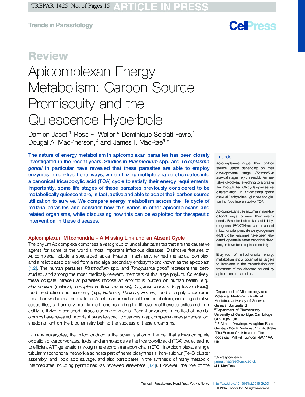 Apicomplexan Energy Metabolism: Carbon Source Promiscuity and the Quiescence Hyperbole