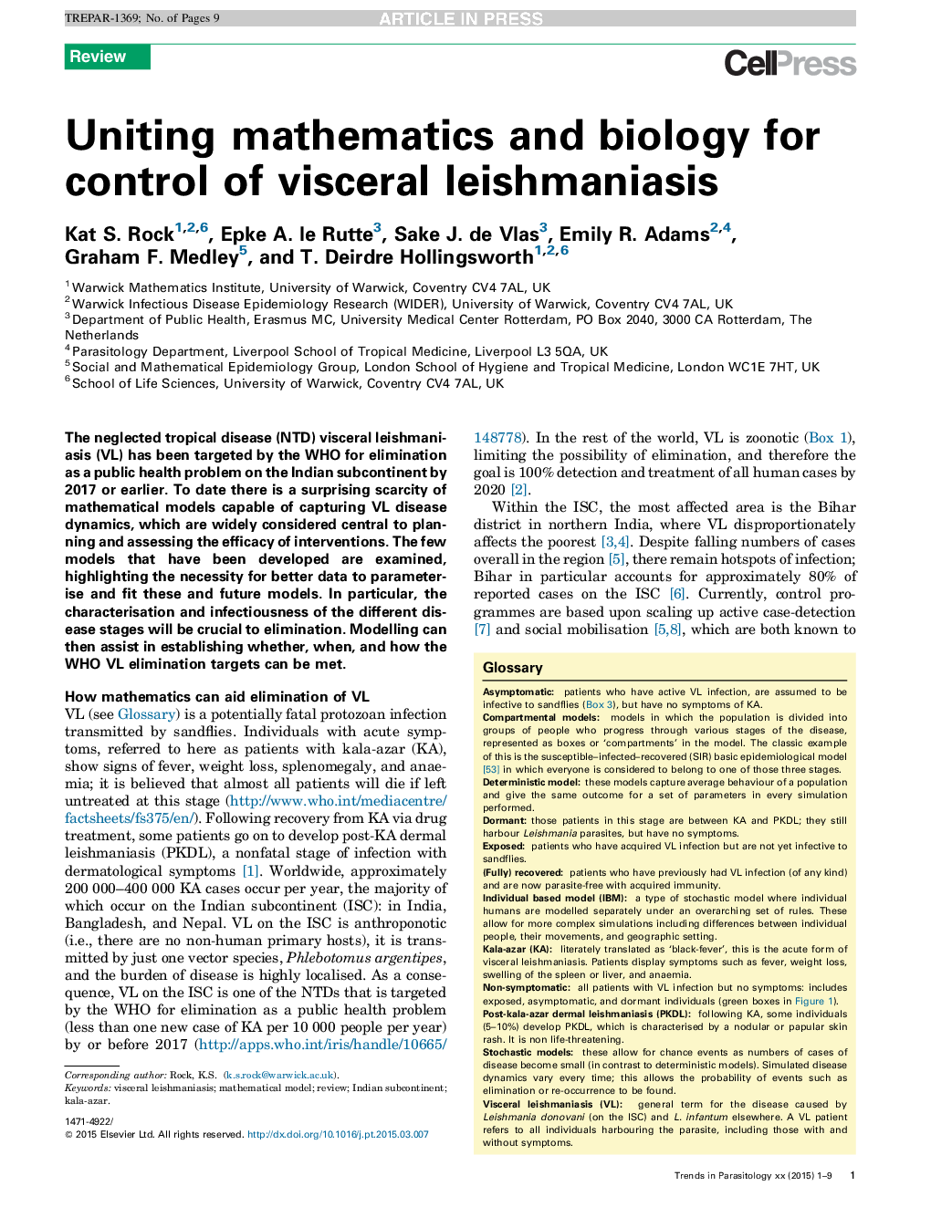 Uniting mathematics and biology for control of visceral leishmaniasis