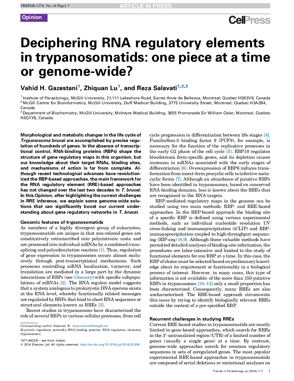 Deciphering RNA regulatory elements in trypanosomatids: one piece at a time or genome-wide?