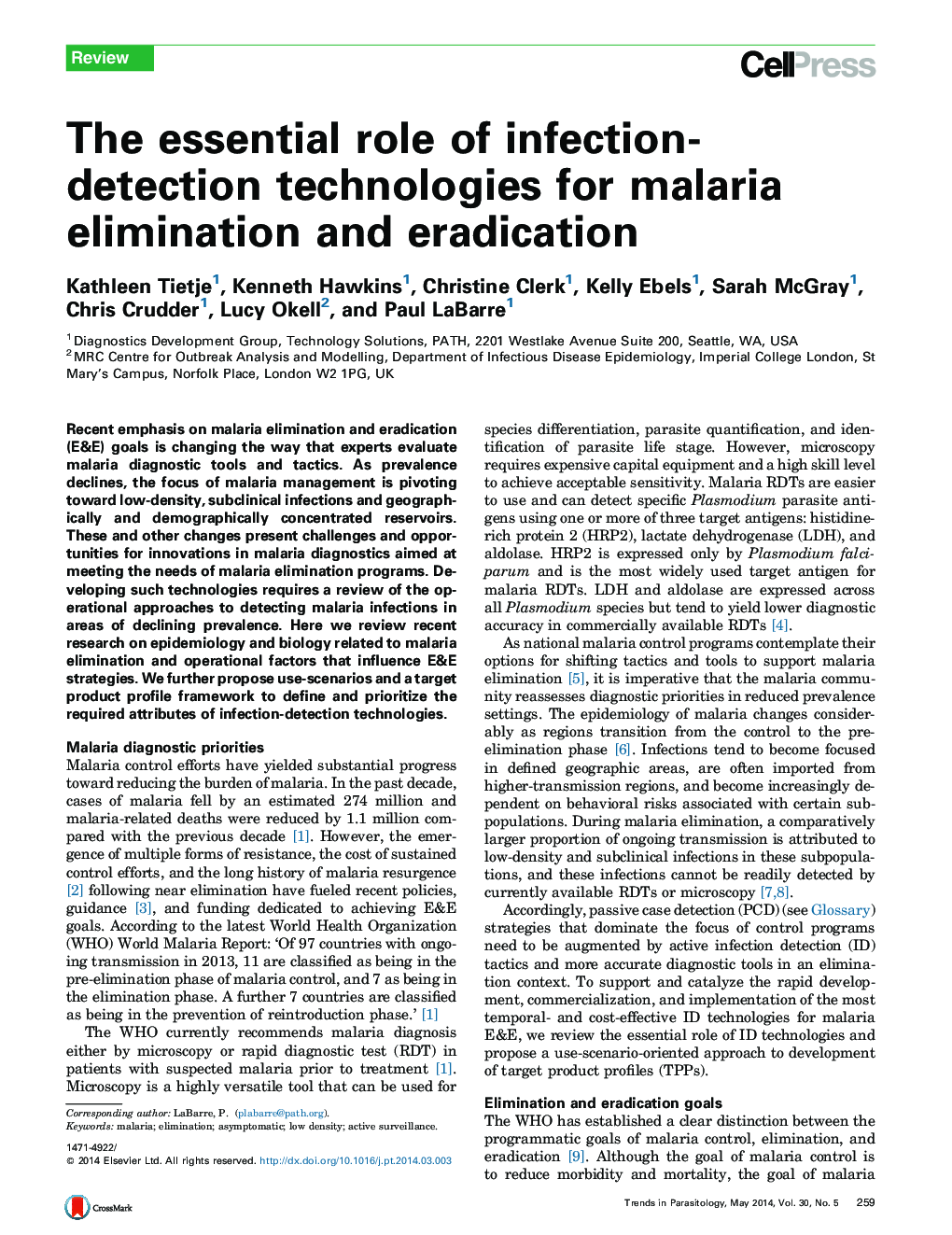 The essential role of infection-detection technologies for malaria elimination and eradication