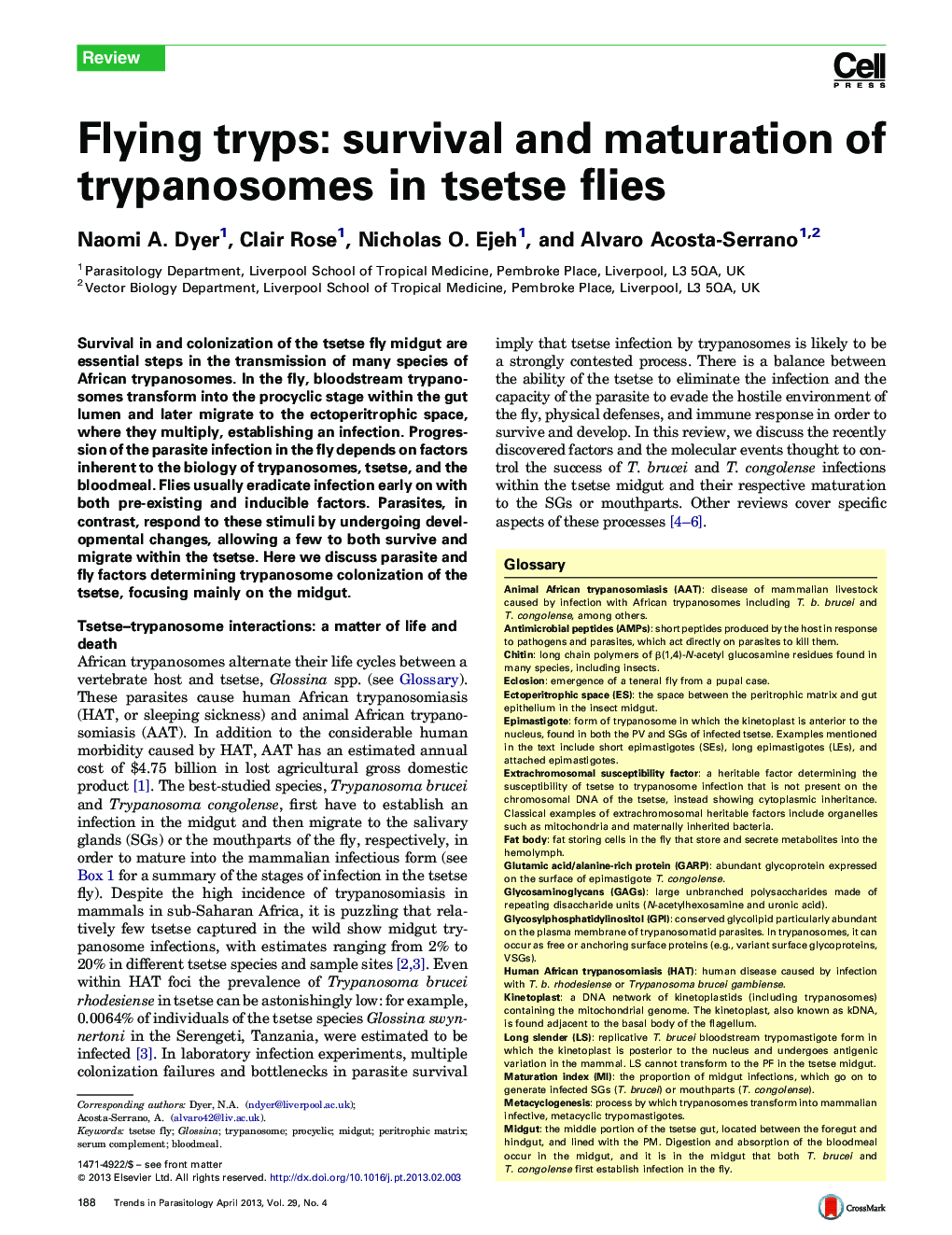 Flying tryps: survival and maturation of trypanosomes in tsetse flies