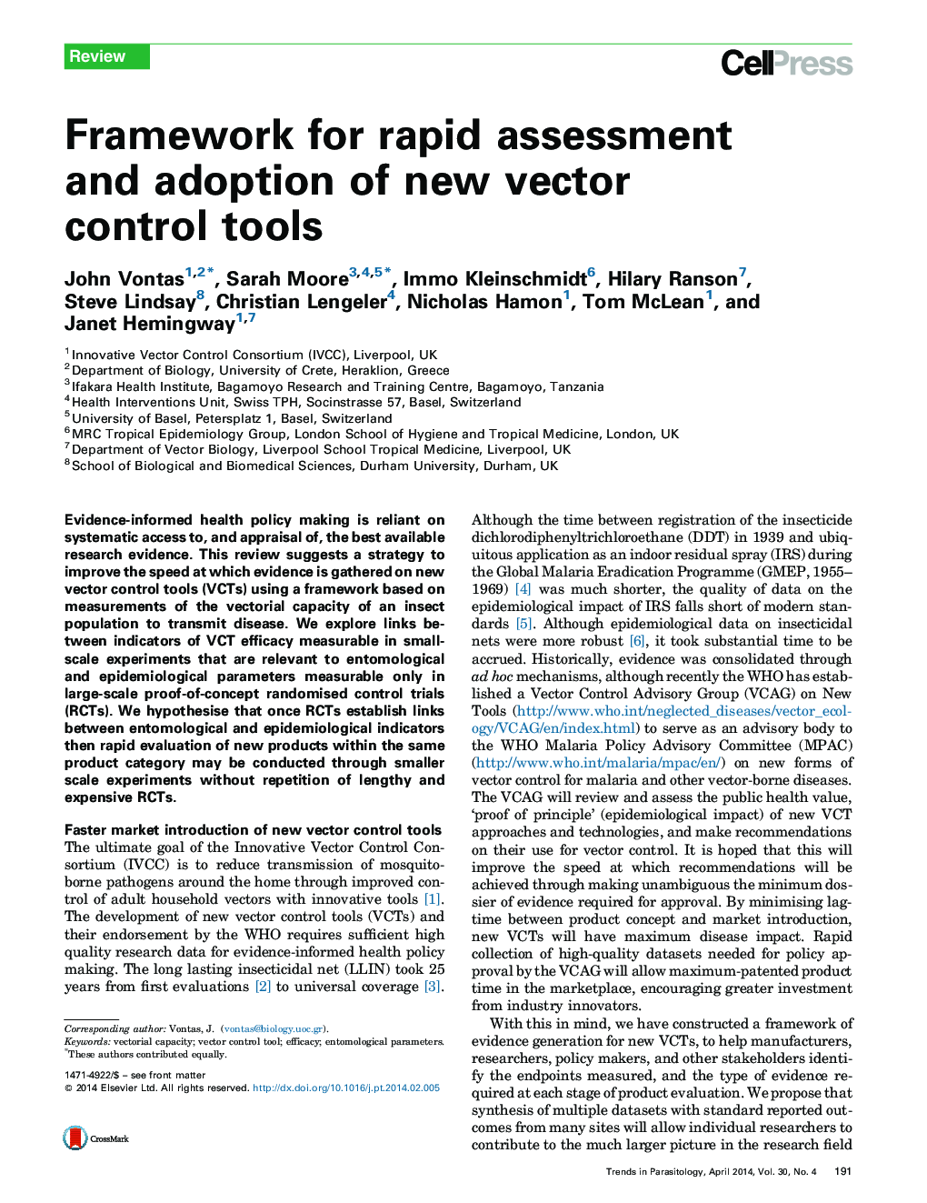 Framework for rapid assessment and adoption of new vector control tools