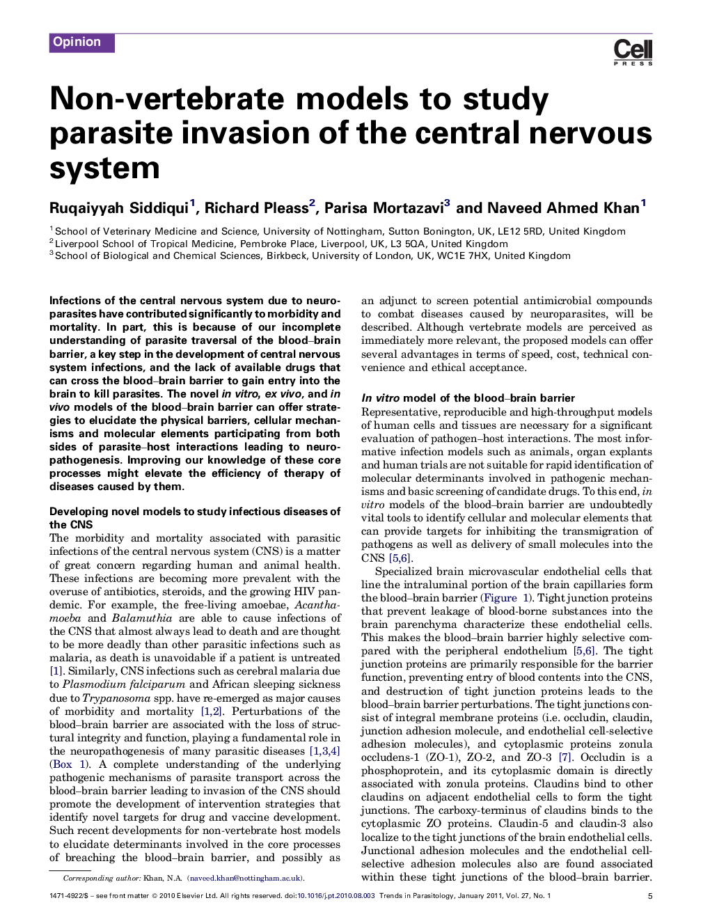 Non-vertebrate models to study parasite invasion of the central nervous system