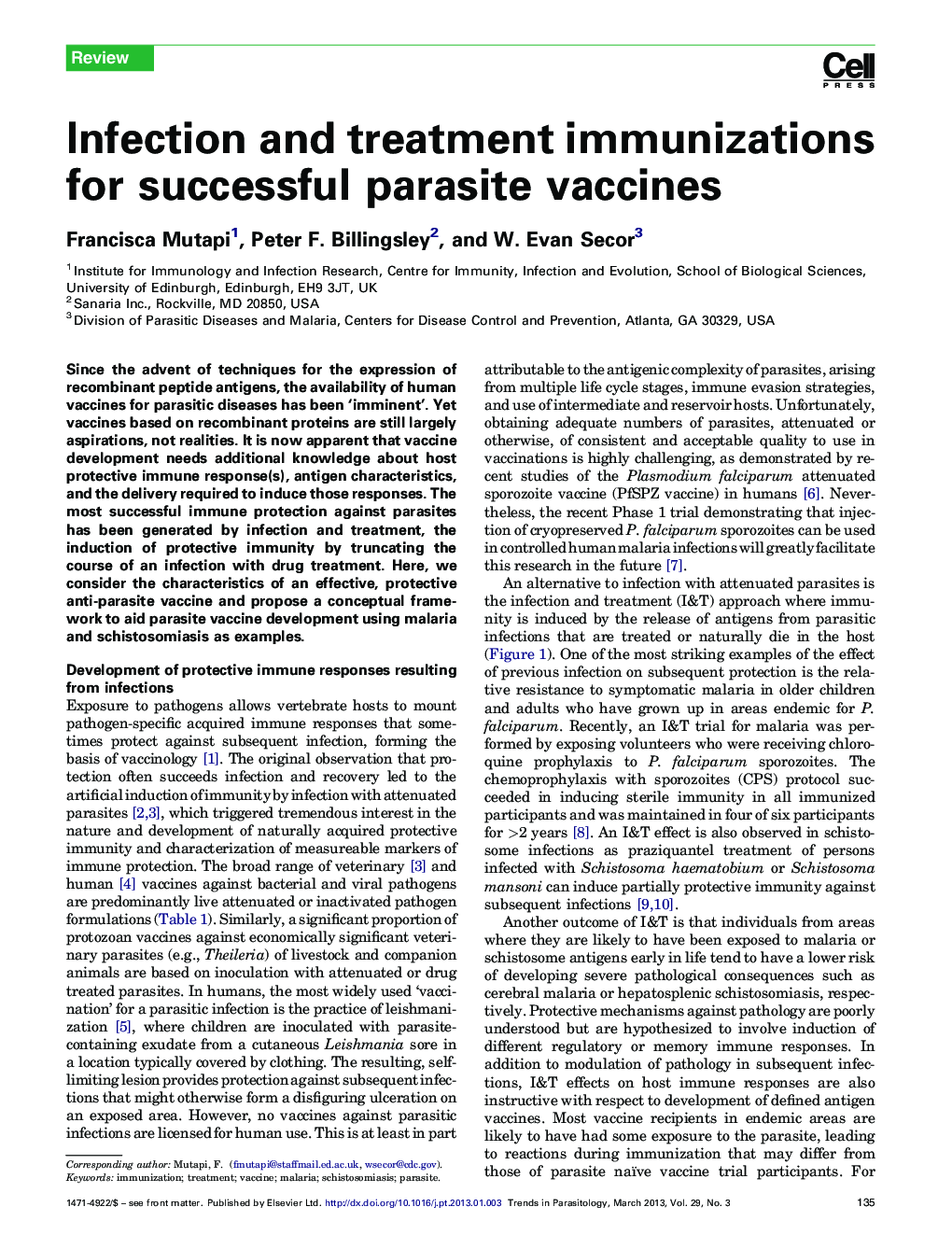 Infection and treatment immunizations for successful parasite vaccines