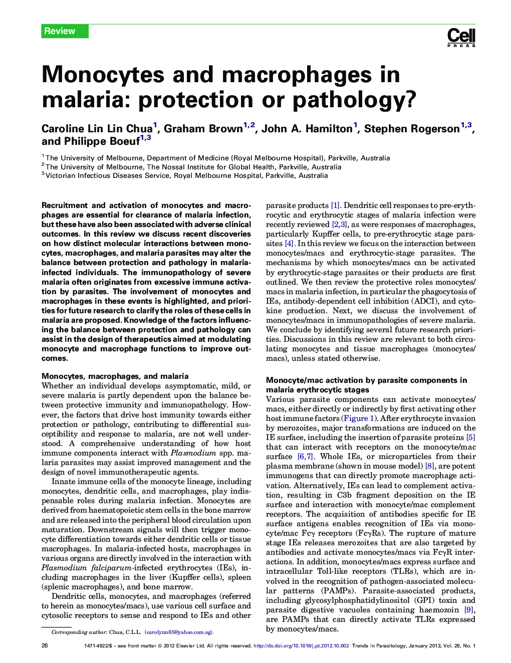 Monocytes and macrophages in malaria: protection or pathology?