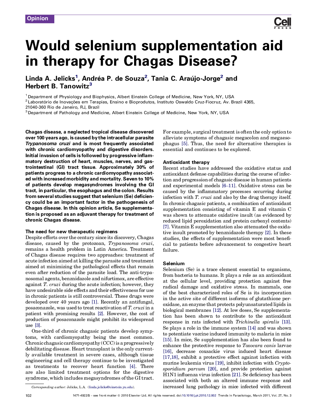 Would selenium supplementation aid in therapy for Chagas Disease?