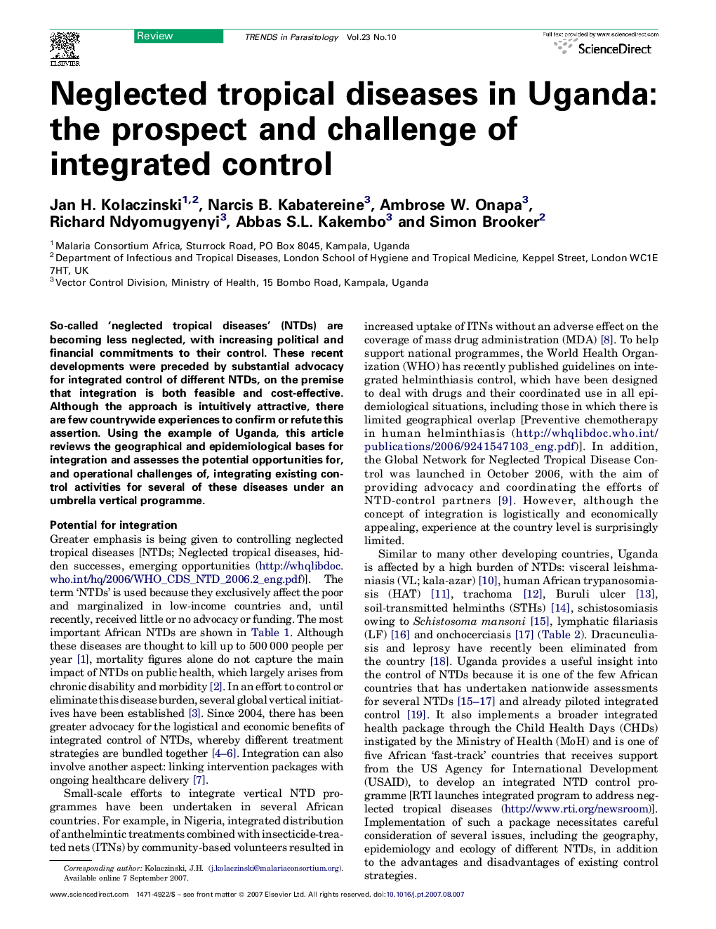 Neglected tropical diseases in Uganda: the prospect and challenge of integrated control