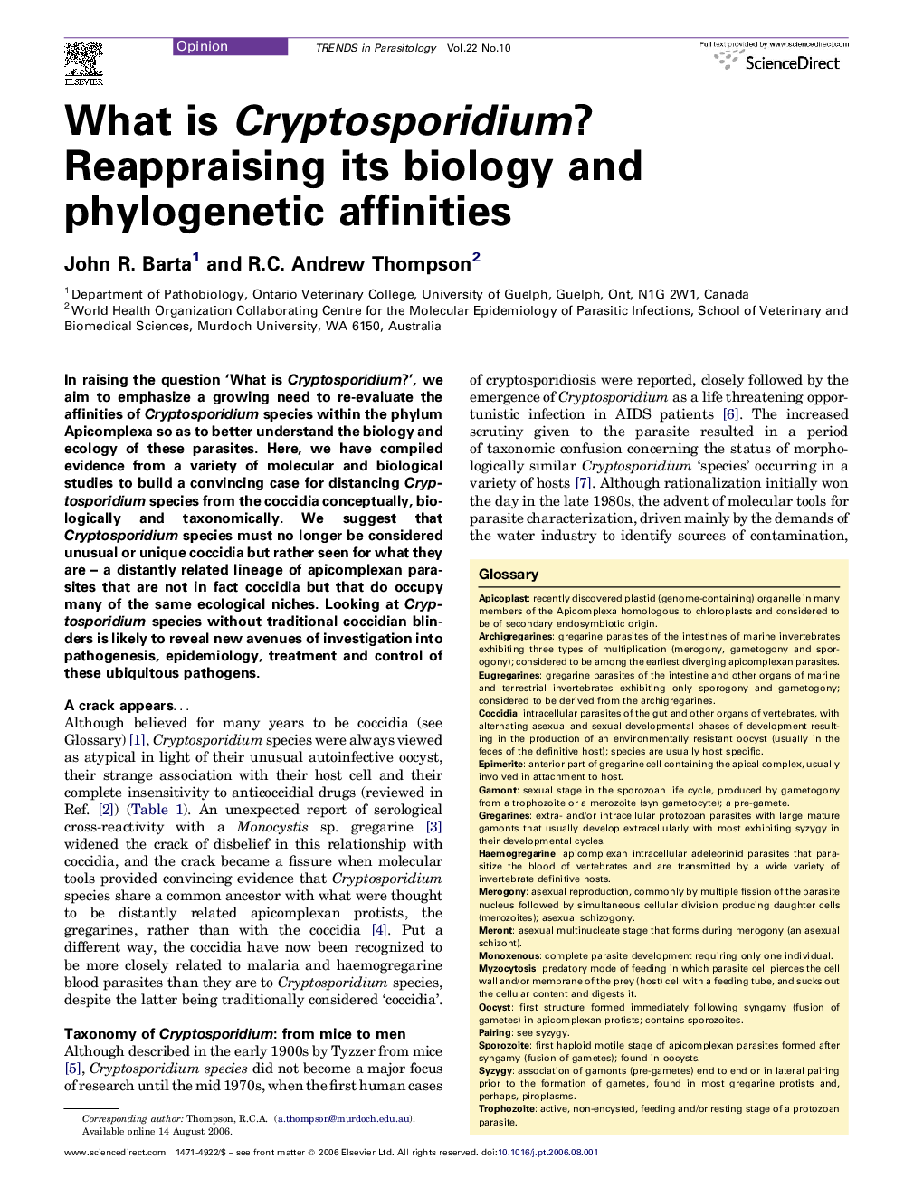 What is Cryptosporidium? Reappraising its biology and phylogenetic affinities