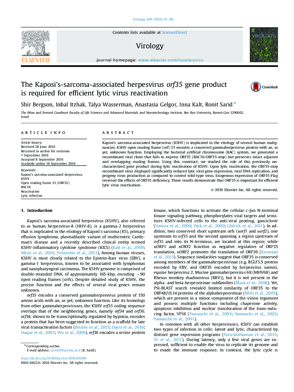 The Kaposi's-sarcoma-associated herpesvirus orf35 gene product is required for efficient lytic virus reactivation