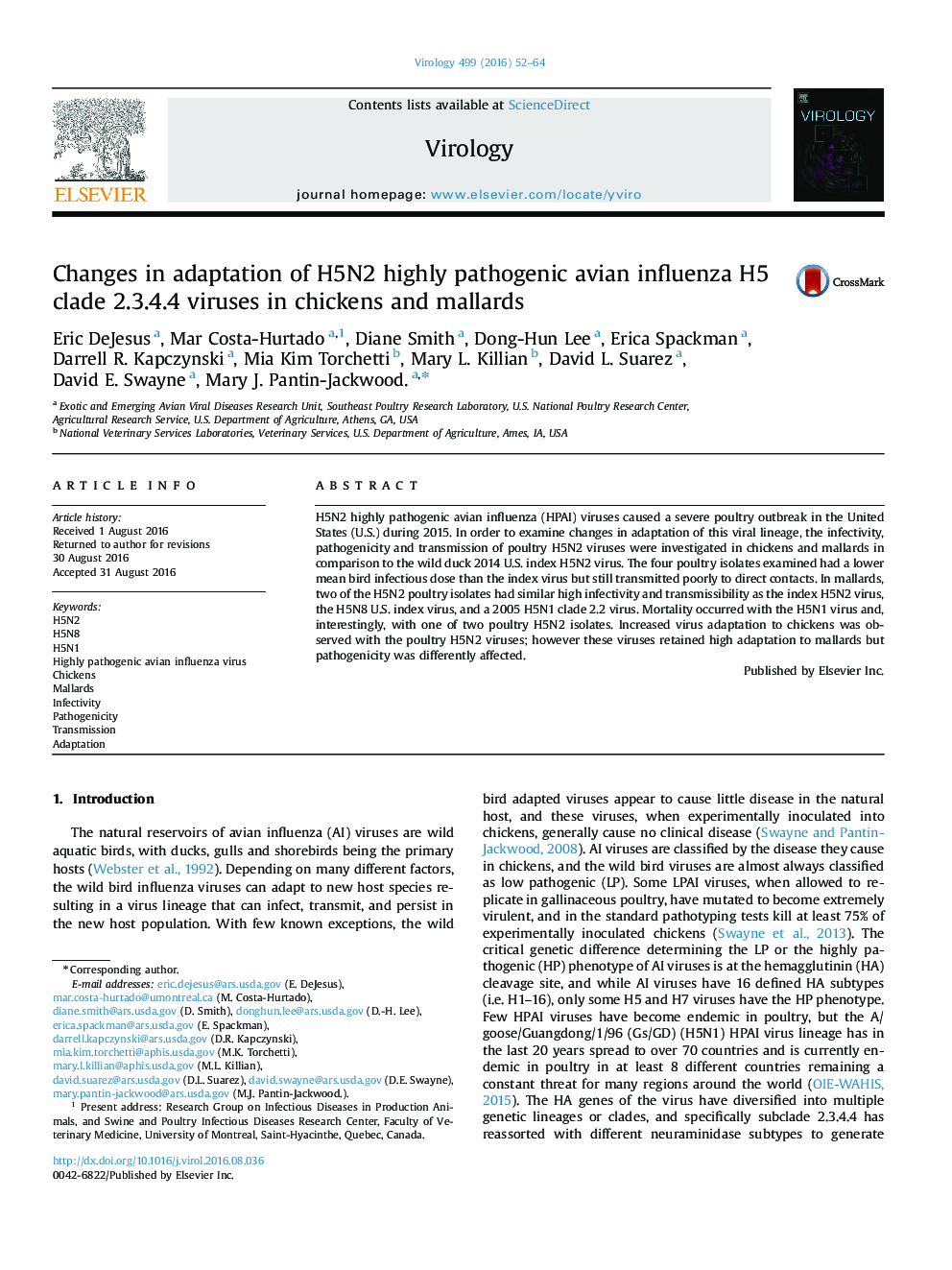 Changes in adaptation of H5N2 highly pathogenic avian influenza H5 clade 2.3.4.4 viruses in chickens and mallards