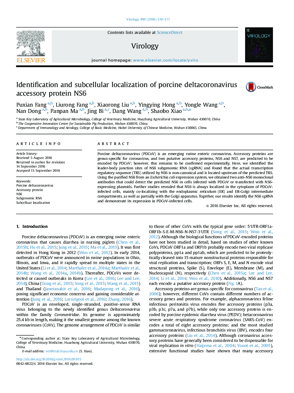 Identification and subcellular localization of porcine deltacoronavirus accessory protein NS6