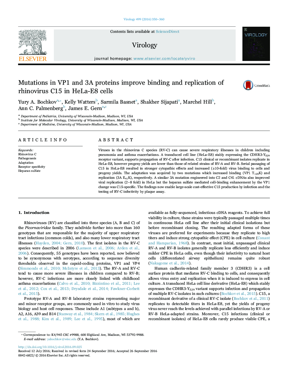 Mutations in VP1 and 3A proteins improve binding and replication of rhinovirus C15 in HeLa-E8 cells