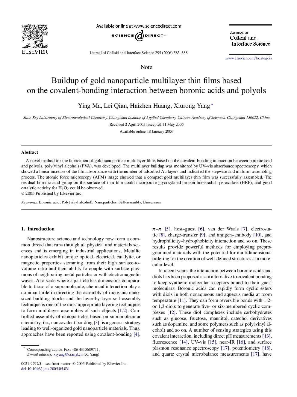 Buildup of gold nanoparticle multilayer thin films based on the covalent-bonding interaction between boronic acids and polyols