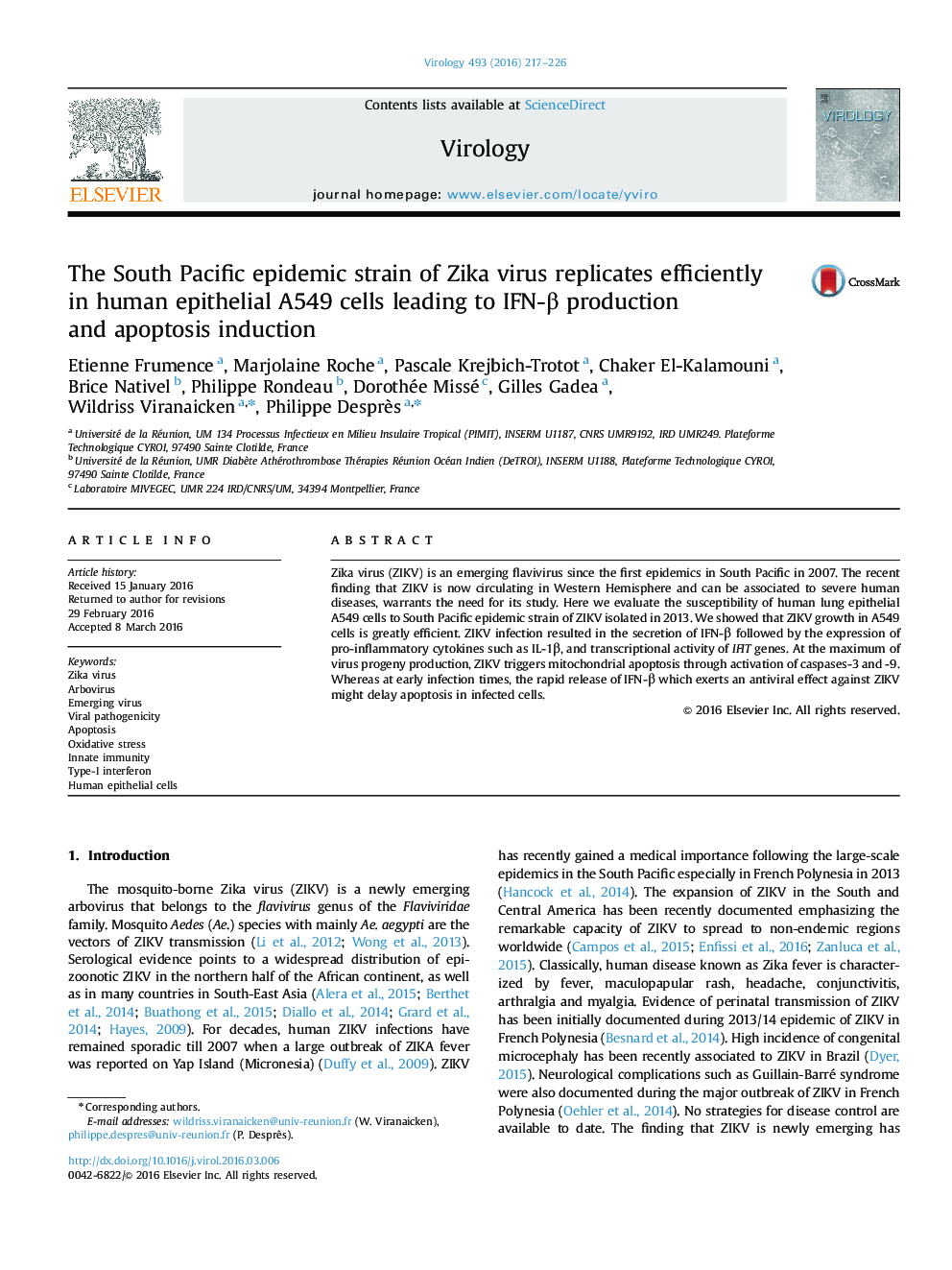 The South Pacific epidemic strain of Zika virus replicates efficiently in human epithelial A549 cells leading to IFN-Î² production and apoptosis induction