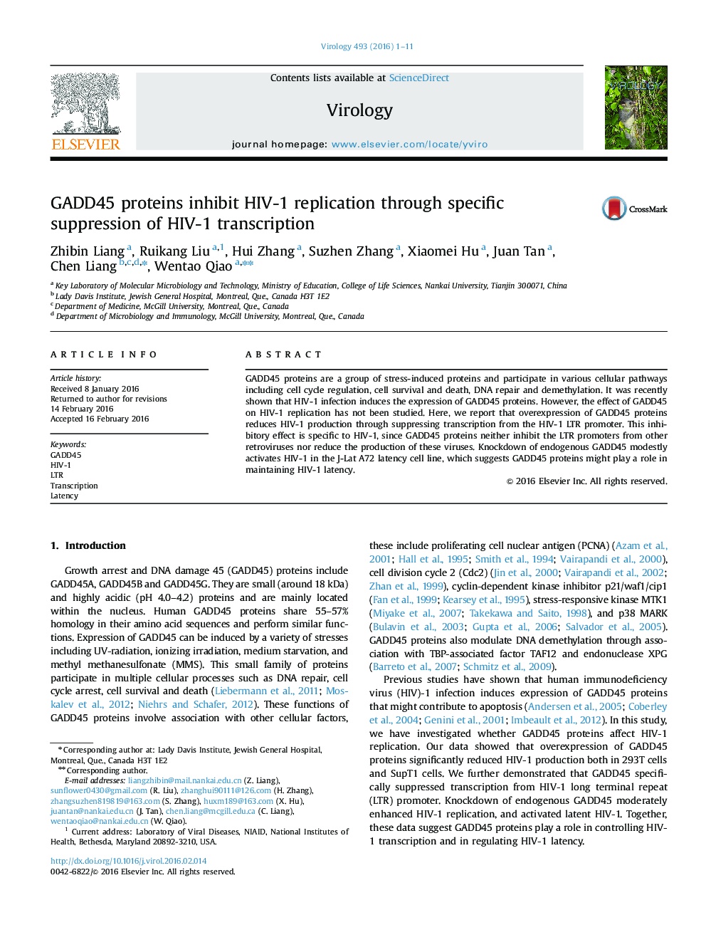 GADD45 proteins inhibit HIV-1 replication through specific suppression of HIV-1 transcription