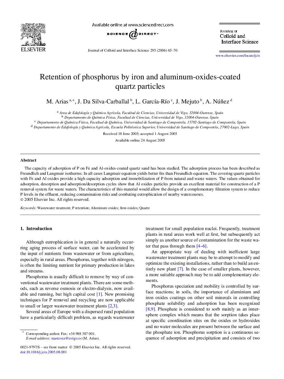 Retention of phosphorus by iron and aluminum-oxides-coated quartz particles