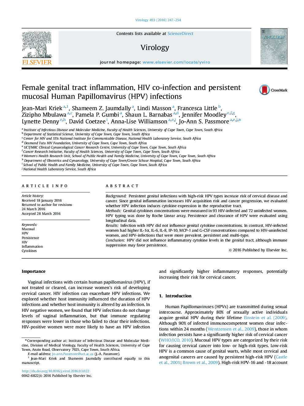 Female genital tract inflammation, HIV co-infection and persistent mucosal Human Papillomavirus (HPV) infections