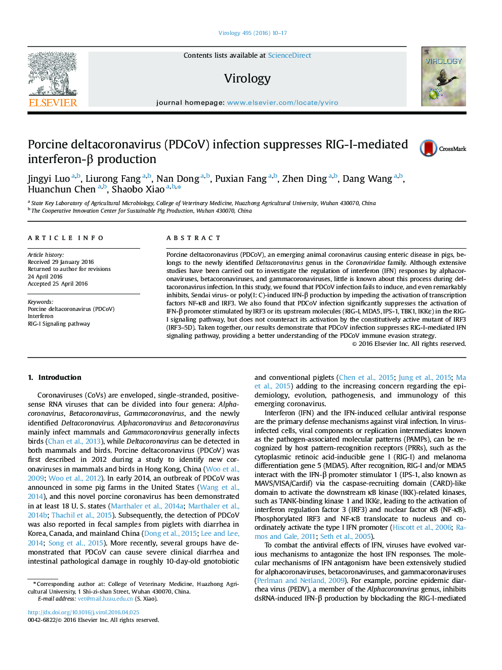 Porcine deltacoronavirus (PDCoV) infection suppresses RIG-I-mediated interferon-Î² production