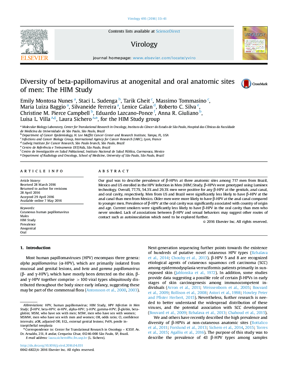 Diversity of beta-papillomavirus at anogenital and oral anatomic sites of men: The HIM Study