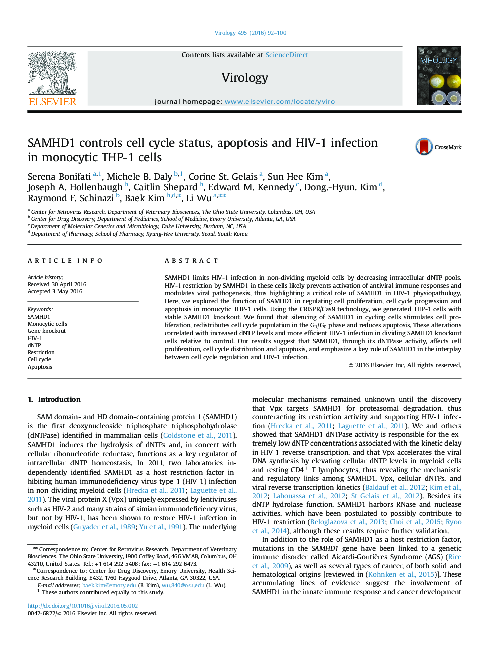 SAMHD1 controls cell cycle status, apoptosis and HIV-1 infection in monocytic THP-1 cells