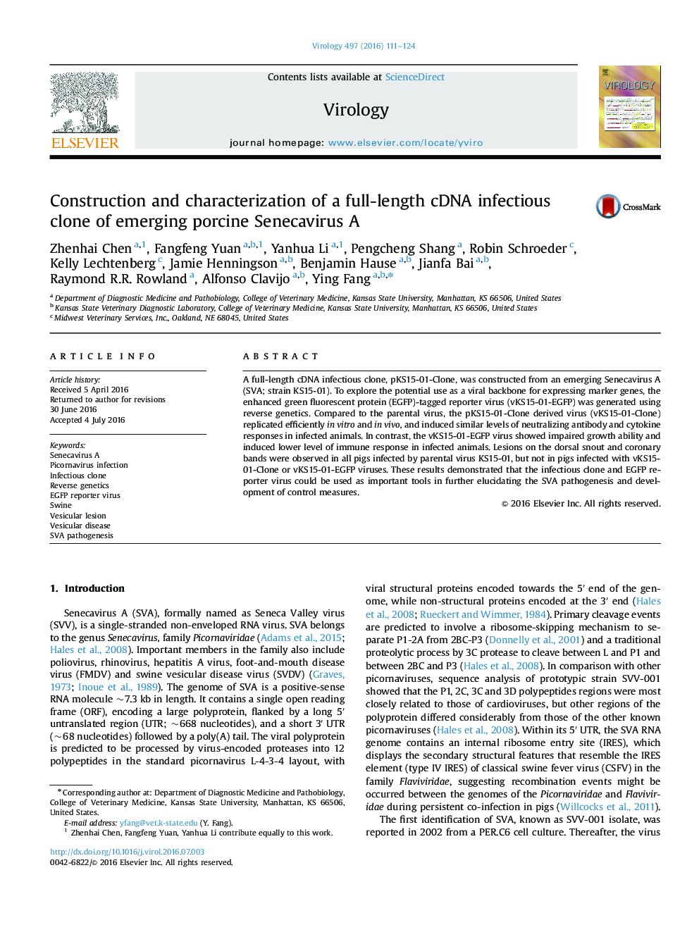 Construction and characterization of a full-length cDNA infectious clone of emerging porcine Senecavirus A