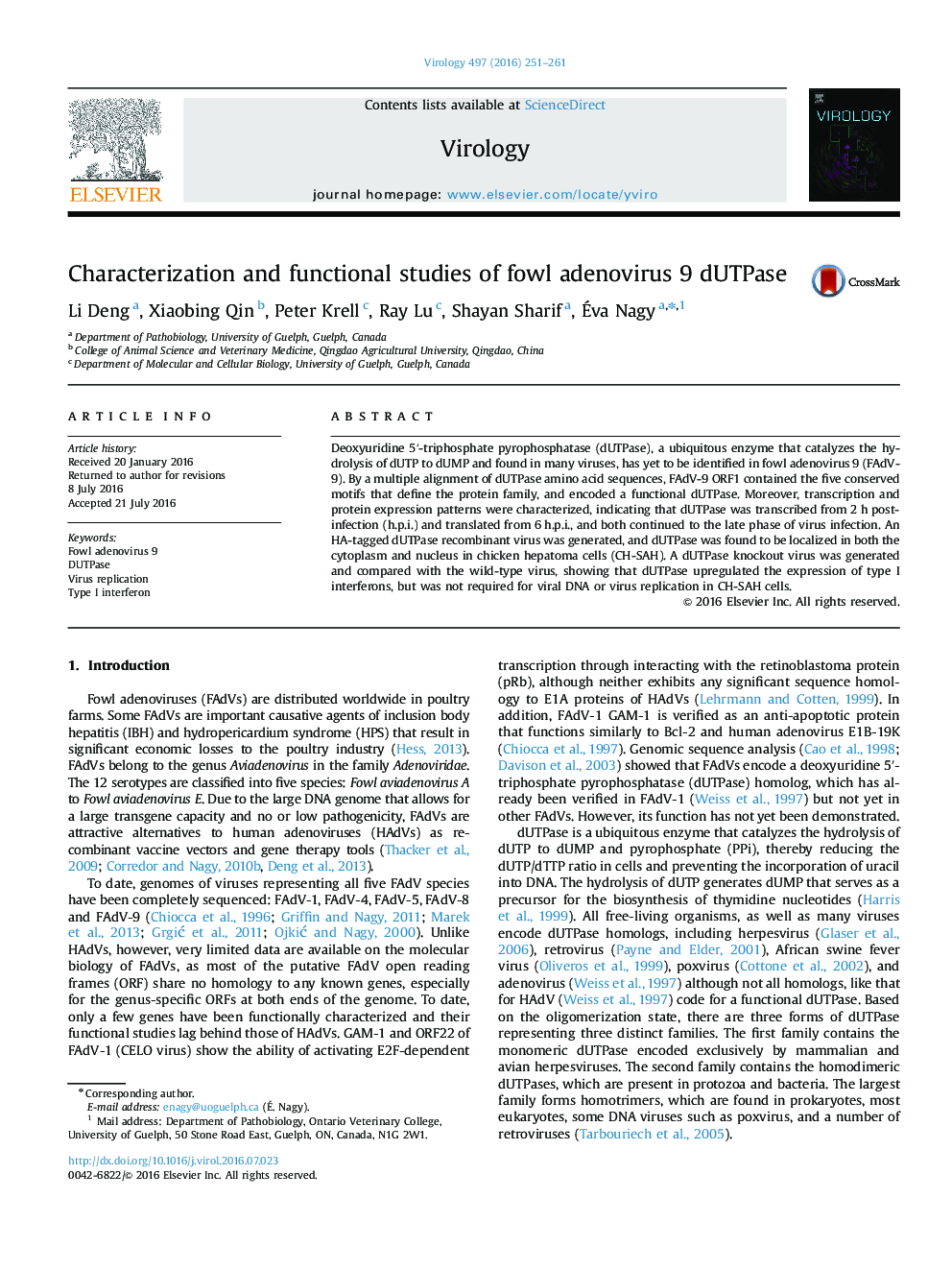 Characterization and functional studies of fowl adenovirus 9 dUTPase