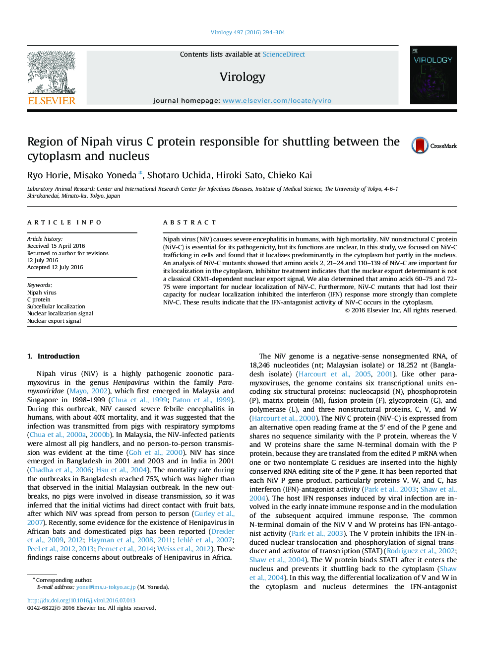 Region of Nipah virus C protein responsible for shuttling between the cytoplasm and nucleus