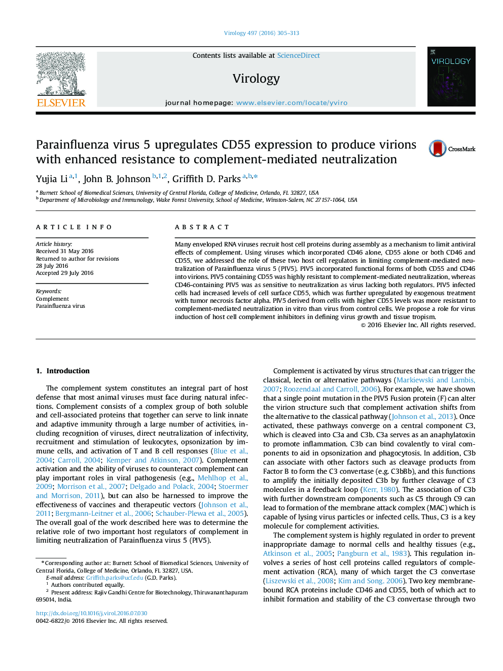 Parainfluenza virus 5 upregulates CD55 expression to produce virions with enhanced resistance to complement-mediated neutralization