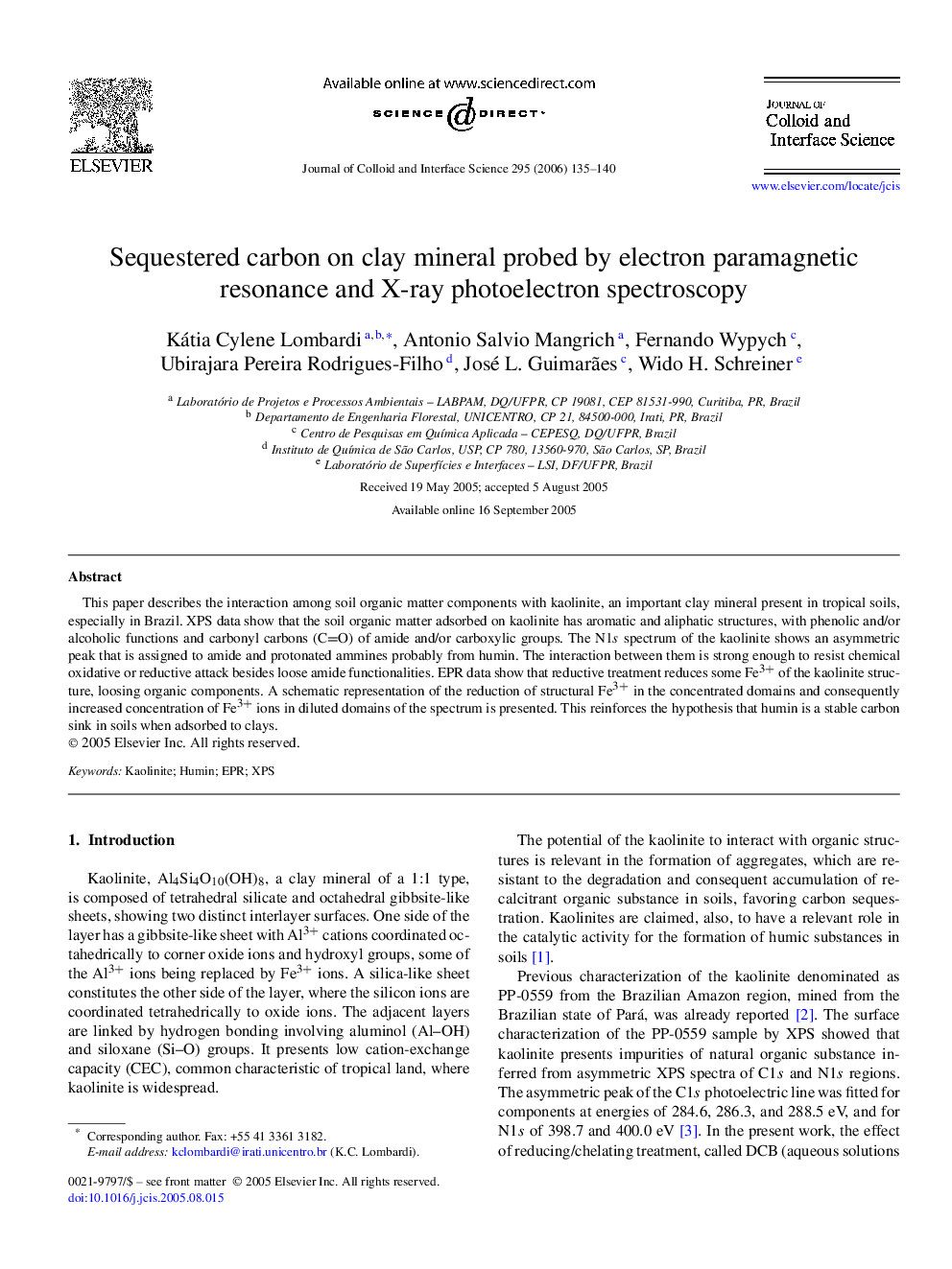 Sequestered carbon on clay mineral probed by electron paramagnetic resonance and X-ray photoelectron spectroscopy