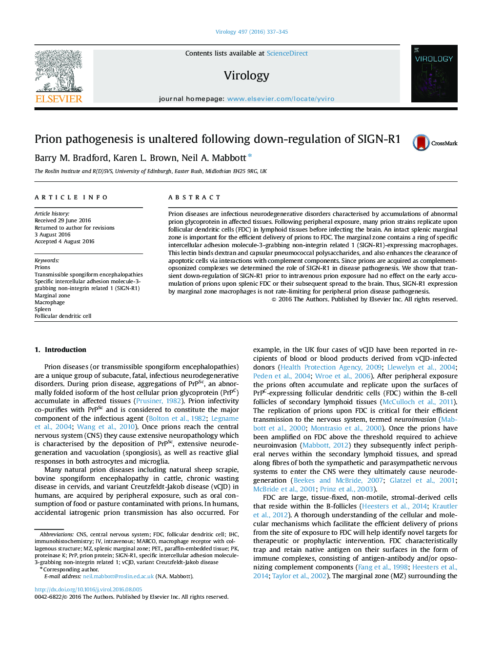 Prion pathogenesis is unaltered following down-regulation of SIGN-R1