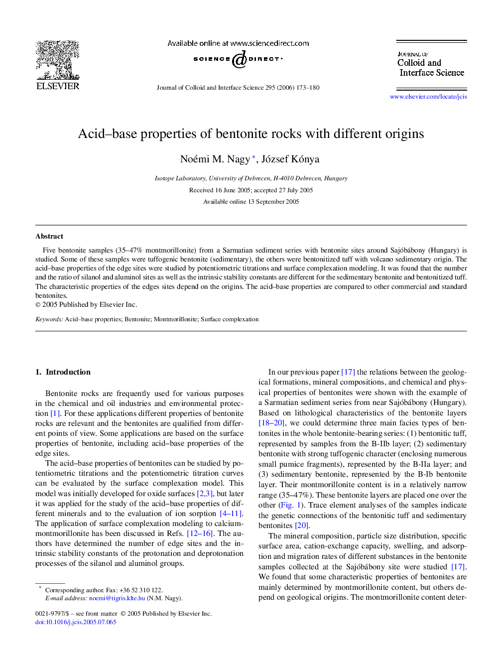 Acid–base properties of bentonite rocks with different origins