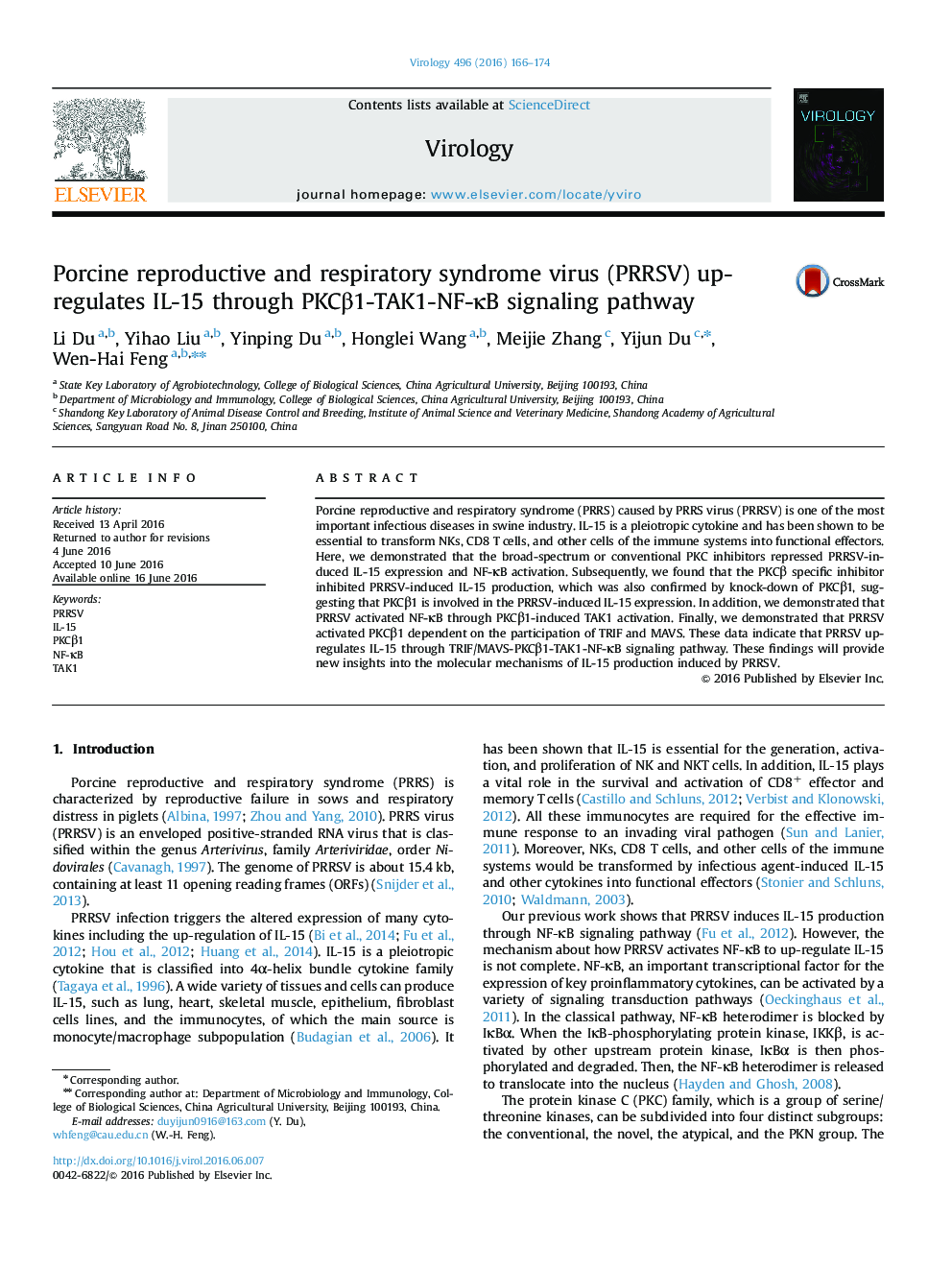Porcine reproductive and respiratory syndrome virus (PRRSV) up-regulates IL-15 through PKCÎ²1-TAK1-NF-ÎºB signaling pathway