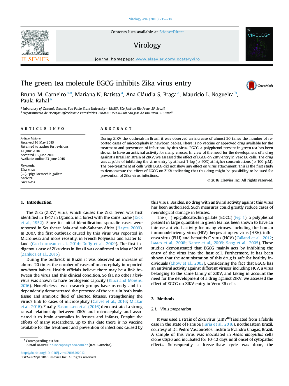 The green tea molecule EGCG inhibits Zika virus entry